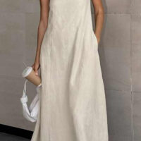 Summer Chic: Luxury Linen Maxi Dress for Women - A-Line Silhouette Beige Cream Dress Stretchy Back Detail