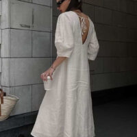 Romantic Style Luxury Linen Maxi Dress for Women - Elegant A-Line Silhouette with Detailed Back