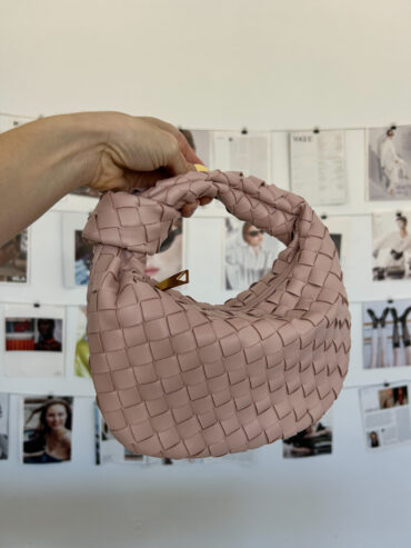designer dupe handbag inspired by bottega in blush pink colour and triangle zip detail